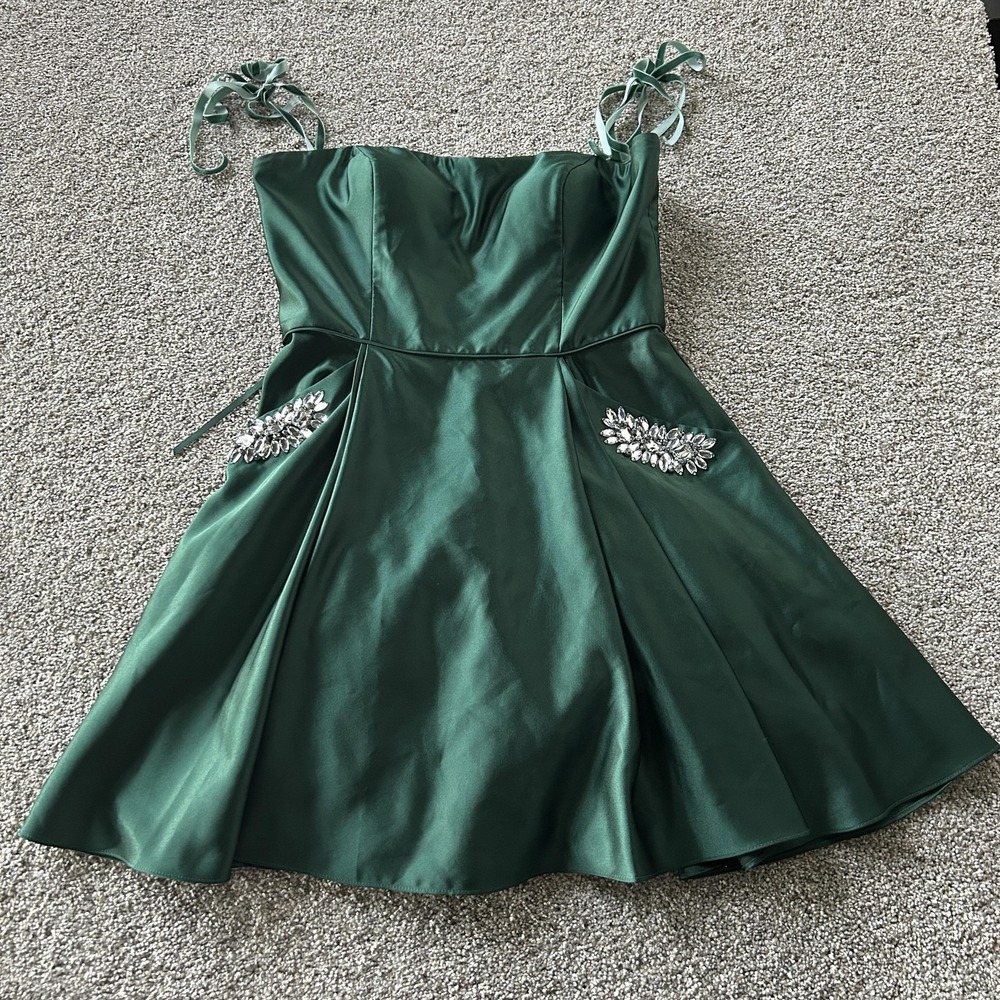 Y2K Blondie Nites Dress Juniors 13 Green Sweetheart Fit & Flare Prom Rhinestone